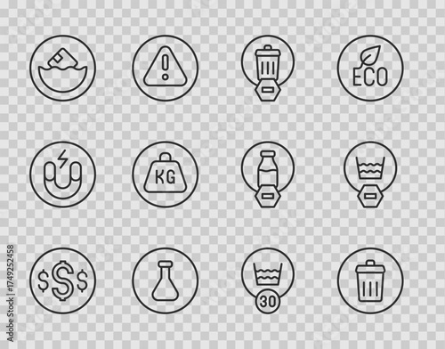 Set line Dollar symbol, Trash can, Test tube and flask, Carton cardboard box, Weight, Temperature wash and Delicate icon. Vector