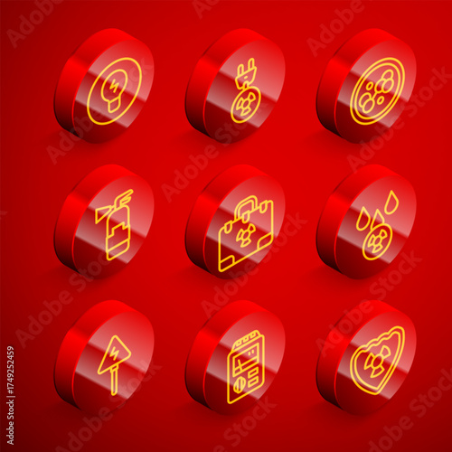 Set line Light bulb with concept of idea, Radiation electrical plug, Molecule, Fire extinguisher, nuclear suitcase, Acid rain and radioactive cloud, High voltage sign and Dosimeter icon. Vector