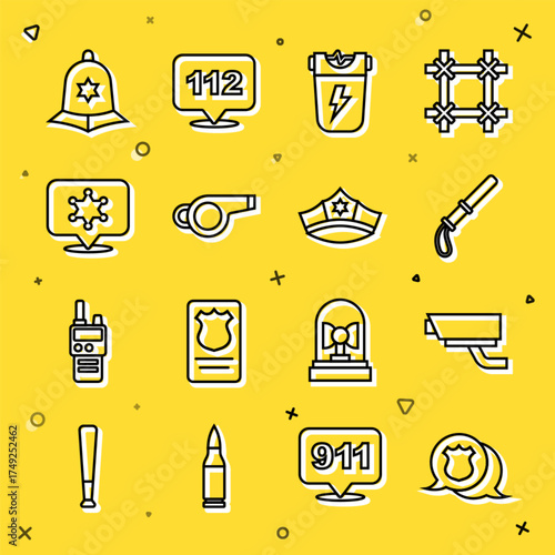 Set line Police badge, Security camera, rubber baton, electric shocker, Whistle, Hexagram sheriff, British police helmet and cap with cockade icon. Vector