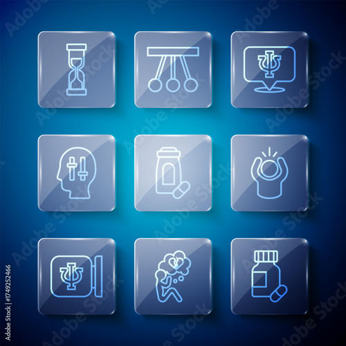 Set line Psychology, Psi, Broken heart or divorce, Sedative pills, Solution to the problem, Old hourglass and Anger icon. Vector