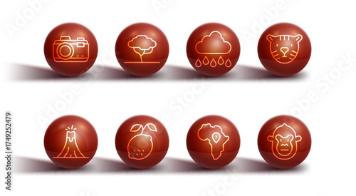 Set line Photo camera, Volcano eruption, Tiger head, Map of Africa, Lemon, African tree, Monkey and Cloud with rain icon. Vector