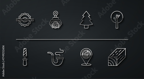 Set line Electric circular saw, Rasp metal file, Tree, Wooden logs, Smoking pipe, Grapple crane grabbed, beam and Christmas tree icon. Vector