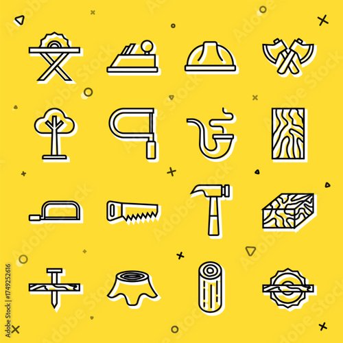 Set line Electric circular saw, Wooden beam, Worker safety helmet, Hacksaw, Tree, and Smoking pipe icon. Vector