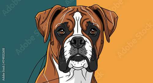 A detailed illustration of a Boxer dog with a striking, split-color background.