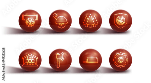 Set line Two-handed saw and log, Wooden logs, Hacksaw, axe, Electric circular, Circular blade and Christmas tree icon. Vector