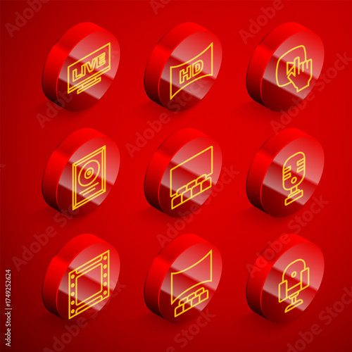 Set line Live stream, Hd movie, tape, frame, Online play video, CD disk award, Cinema auditorium with screen, Microphone, Play and icon. Vector