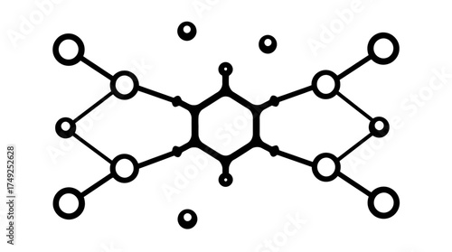 Abstract molecular structure illustration with a central hexagon and branching chains of circles, isolated on white.