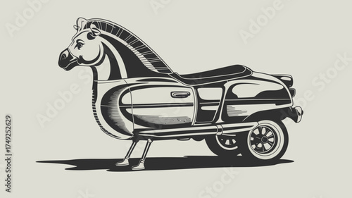 Illustration of a horse shaped vehicle with car body and wheels on a light background
