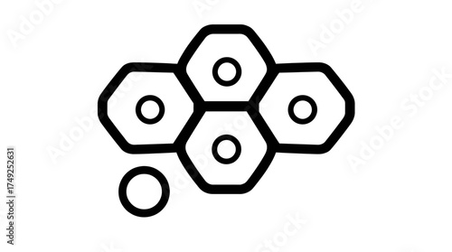 Illustration of cells, depicting a cluster of interconnected hexagons with circles inside, and a single separate circle.
