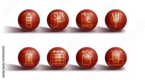Set line Bottle of water, Camping lantern, Torch flame, Lighter, Calendar, Paper towel roll, Trash can and Waterproof rubber boot icon. Vector
