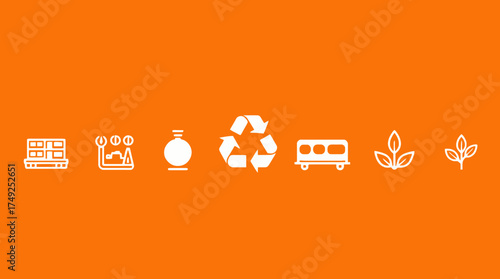 A row of white icons depicting a shop, gas station, bottle, recycle symbol, bus, and plants against an orange background.