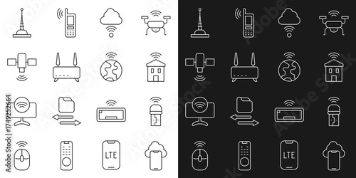 Set line Cloud technology data, Usb wireless adapter, Smart home with wi-fi, Network cloud connection, Router and signal, Satellite, Antenna and Global icon. Vector