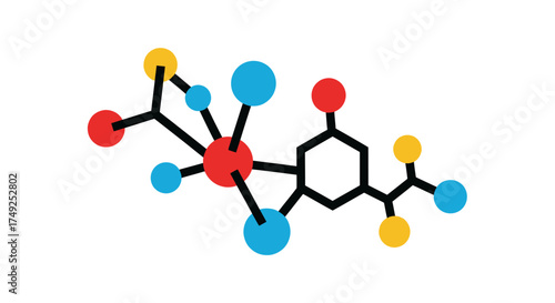 Molecular structure diagram with interconnected atoms represented by colorful circles and lines on a white background.