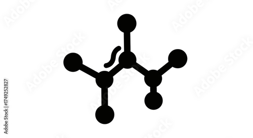 A black and white graphic showing a molecular structure with connected spheres.