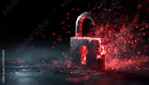 Digital rendering of an open padlock, disintegrating with red particles against a dark background