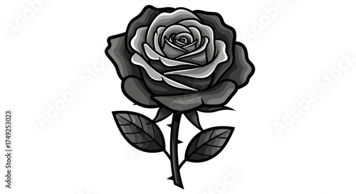 A grayscale illustration of a rose with detailed petals, leaves, and thorns on a white background.