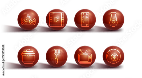 Set line Gamepad, Cooking pot, Kettlebell, Retro tv, Spatula, Play Video, Billiard pool snooker ball and Domino icon. Vector