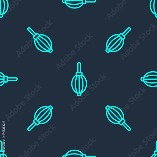 Green line Dust blower icon isolated seamless pattern on blue background. Air duster. Lens cleaner. Camera sensor cleaning. Vector