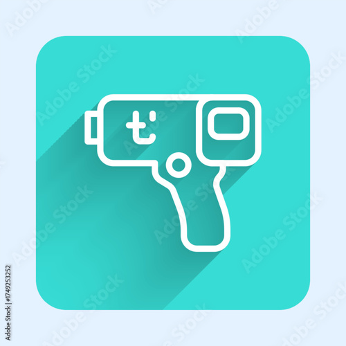 White line Digital contactless thermometer with infrared light icon isolated with long shadow. Green square button. Vector