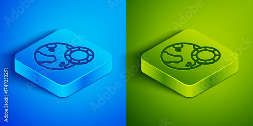Isometric line Casino chips icon isolated on blue and green background. Casino gambling. Square button. Vector
