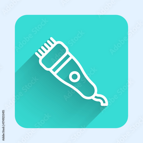 White line Electrical hair clipper or shaver icon isolated with long shadow. Barbershop symbol. Green square button. Vector