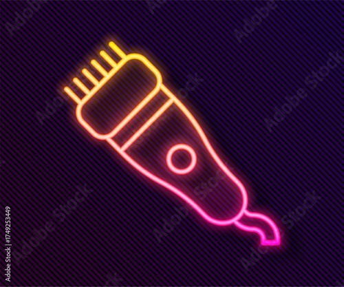 Glowing neon line Electrical hair clipper or shaver icon isolated on black background. Barbershop symbol. Vector
