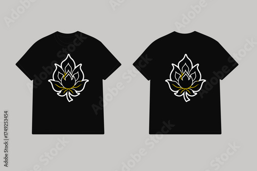 Black t shirt with white and yellow lotus flame design
