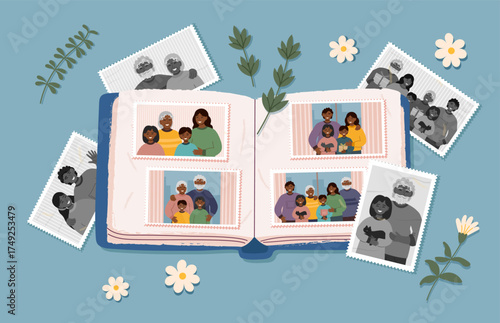 Photo album with new and old family photos. Photo album and photos cliparts. Family and memories concepts. Vector flat background.