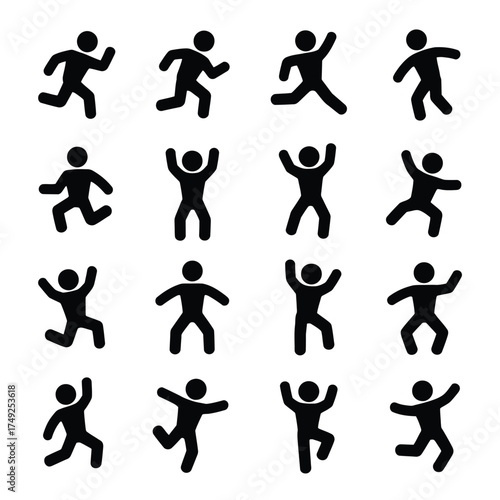 Set of 16 black silhouette human figure icons for vector graphics eps files silhouette