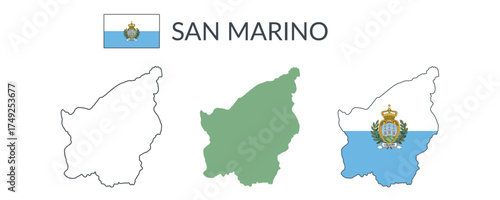 San Marino geographical borders isolated on white background. Flag of San Marino. Vector flat cliparts.