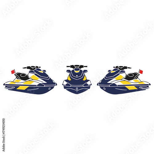 Blue and Yellow Jet Skis Personal Watercraft Side and Front Views Illustration