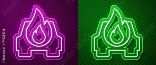 Glowing neon line Burning car icon isolated on purple and green background. Car on fire. Broken auto covered with fire and smoke. Vector
