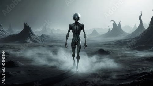 Alien Figure Walking Across Barren Landscape with Fog.