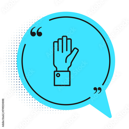 Black line Hand holding auction icon isolated on white background. Bidding concept. Auction competition. Blue speech bubble symbol. Vector
