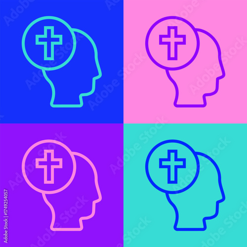 Pop art line Priest icon isolated on color background. Vector