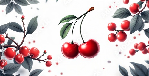 Two red cherries with green leaves on white background