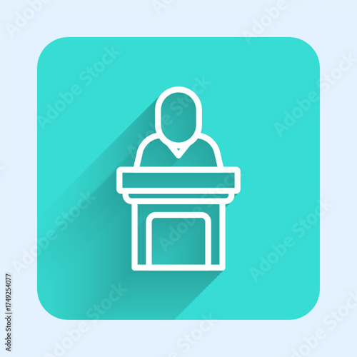 White line Church pastor preaching icon isolated with long shadow background. Green square button. Vector
