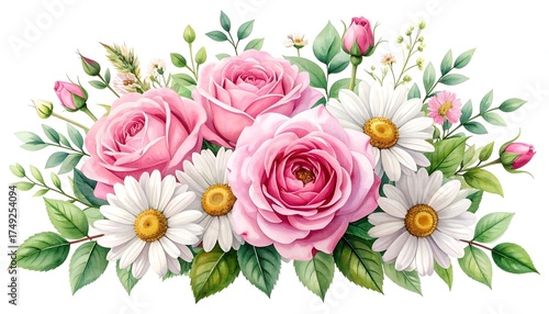 Watercolor floral arrangement of pink roses, daisies, buds, & foliage