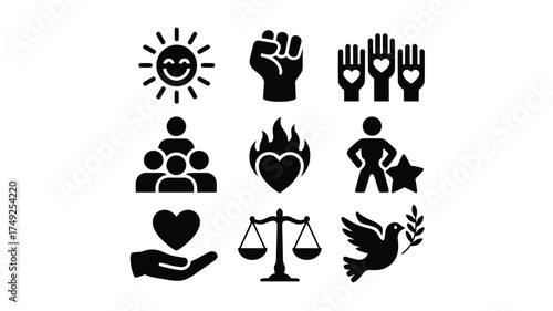 Set of 9 black and white minimalist icons representing social justice hope and unity vector illustration silhouette