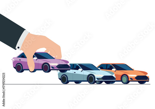 Conceptual vector illustration of a human hand selecting a car.