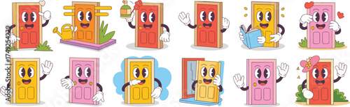 Retro Cartoon Doors Characters Collection in Various Poses and Activities, Embracing Fun, Whimsical Style for Children's Education, Architecture Design, and Nostalgic Marketing Projects, Illustration