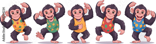 Playful Chimpanzee Cartoon Characters Dancing and Posing with Colorful Vests on a Light Background, Representing Happiness and Fun for Children's Education, Entertainment, and Animated Mascot Projects
