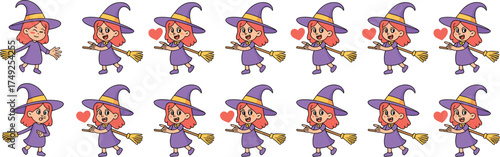Cute Cartoon Witch Girls Collection Floating with Magic Brooms, Halloween Season Fun, Sweet Holiday Character Design for Kids, Enchanted Illustration Set, Whimsical Fantasy Art for Parties, Graphic De