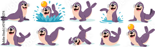 Cheerful Cartoon Seal Pups Playing: Joyful Marine Mammals in Various Poses,  Engaging in Playful Activities with a Ball, Adorable Sea Animal Characters for Children's Educational Resources, and Entert