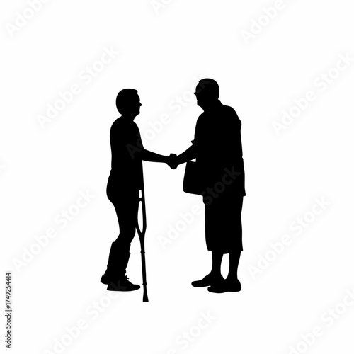 Silhouette of recovering person and counselor shaking hands isolated on white background