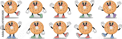 Cartoon Doughnut Characters Waving and Walking in a Pattern on Light Background, Retro Bakery Mascot for Food Industry Marketing, Fun Snack Graphics for Children's Designs, Cheerful Nostalgia, Cute Pa