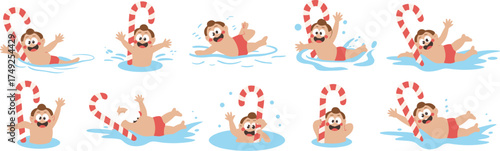 Cartoon Man Swimming with Candy Cane Illustration in Water - Holiday Fun, Festive Season, Christmas Vacation, Pool Party, Playful, Cute Character for Kids, Graphic Element, Summer Christmas, Vector Ar