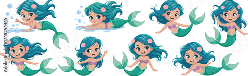 Cute Little Mermaid Cartoon Characters Swimming and Playing in the Sea, Fantasy Illustration for Children's Books, Underwater Adventure, Magical Creatures, Scaled Tails, Teal Hair, Aquatic Fun, Animat