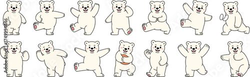 Cute Polar Bear Cartoon Characters Collection: Playful Animals in Various Poses Isolated on White Background for Children's Illustration, Design Elements, Educational Materials, and Winter Holiday Pro