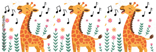 Singing Giraffe Cartoon Illustration in Flower Garden with Musical Notes, Cheerful Animal Character for Children's Education, Animation, Website, Marketing, and Creative Projects; Colorful, Playful, W